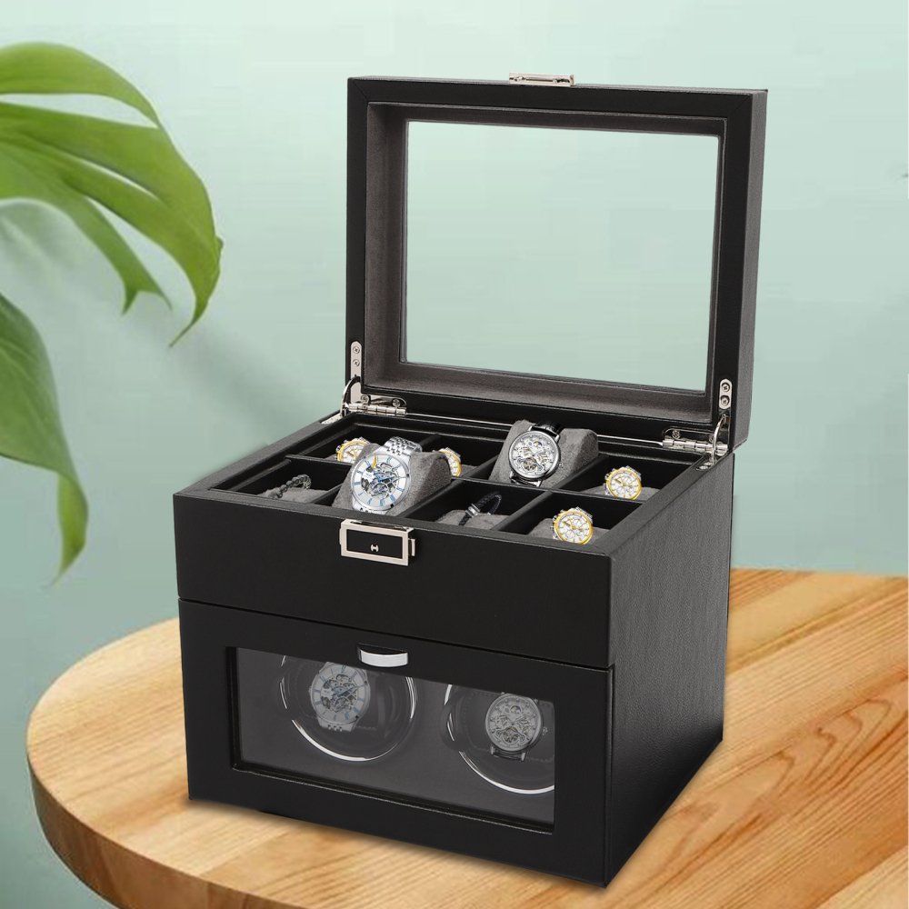 Enrollador de relojes automático doble 2+8 con caja para relojes con bandeja, Organizadora para joyas, luz LED, Negro