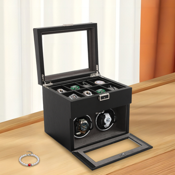Enrollador de relojes automático doble 2+8 con caja para relojes con bandeja, Organizadora para joyas, luz LED, Negro Enrollador de relojes automático doble 2+8 con caja para relojes con bandeja, Organizadora para joyas, luz LED, Negro