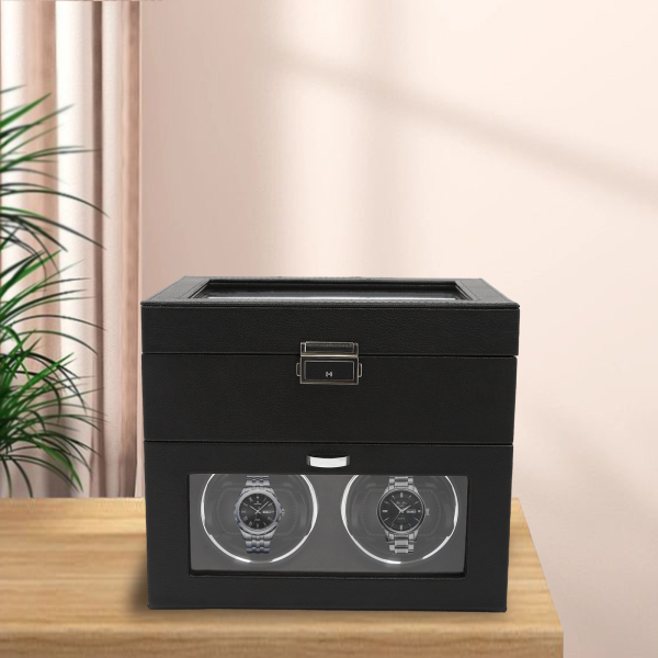 Enrollador de relojes automático doble 2+8 con caja para relojes con bandeja, Organizadora para joyas, luz LED, Negro Enrollador de relojes automático doble 2+8 con caja para relojes con bandeja, Organizadora para joyas, luz LED, Negro