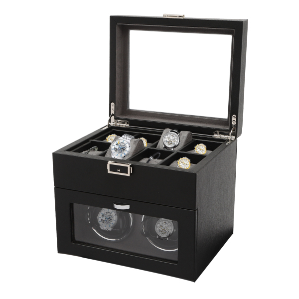 Enrollador de relojes automático doble 2+8 con caja para relojes con bandeja, Organizadora para joyas, luz LED, Negro Enrollador de relojes automático doble 2+8 con caja para relojes con bandeja, Organizadora para joyas, luz LED, Negro