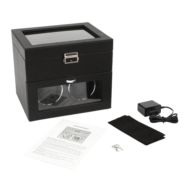 Enrollador de relojes automático doble 2+8 con caja para relojes con bandeja, Organizadora para joyas, luz LED, Negro Enrollador de relojes automático doble 2+8 con caja para relojes con bandeja, Organizadora para joyas, luz LED, Negro