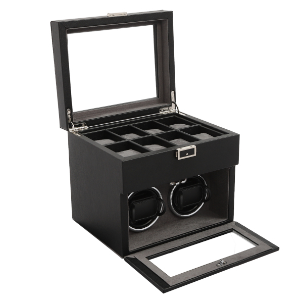 Enrollador de relojes automático doble 2+8 con caja para relojes con bandeja, Organizadora para joyas, luz LED, Negro Enrollador de relojes automático doble 2+8 con caja para relojes con bandeja, Organizadora para joyas, luz LED, Negro