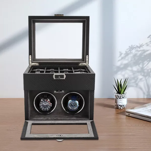 Enrollador de reloj automático doble 2+8 con caja, con bandeja organizadora de joyas, luz LED, almohada de reloj ajustable, adaptador de CA