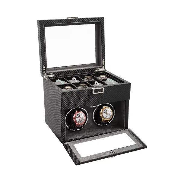 Enrollador de reloj automático doble 2+8 con caja, con bandeja organizadora de joyas, luz LED, almohada de reloj ajustable, adaptador de CA