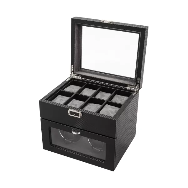 Enrollador de reloj automático doble 2+8 con caja, con bandeja organizadora de joyas, luz LED, almohada de reloj ajustable, adaptador de CA Enrollador de reloj automático doble 2+8 con caja, con bandeja organizadora de joyas, luz LED, almohada de reloj ajustable, adaptador de CA