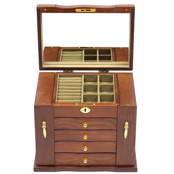 Joyero de madera grande, 5 niveles, con 5 cajones, 2 armarios plegables y espejo, color marrón Joyero de madera grande, 5 niveles, con 5 cajones, 2 armarios plegables y espejo, color marrón