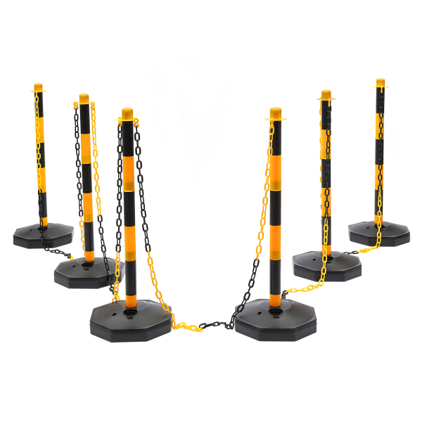 Paquete de 6 conos de tráfico, poste delineador ajustable con base rellenable, barrera de seguridad portátil con cadenas, Amarillo y Negro