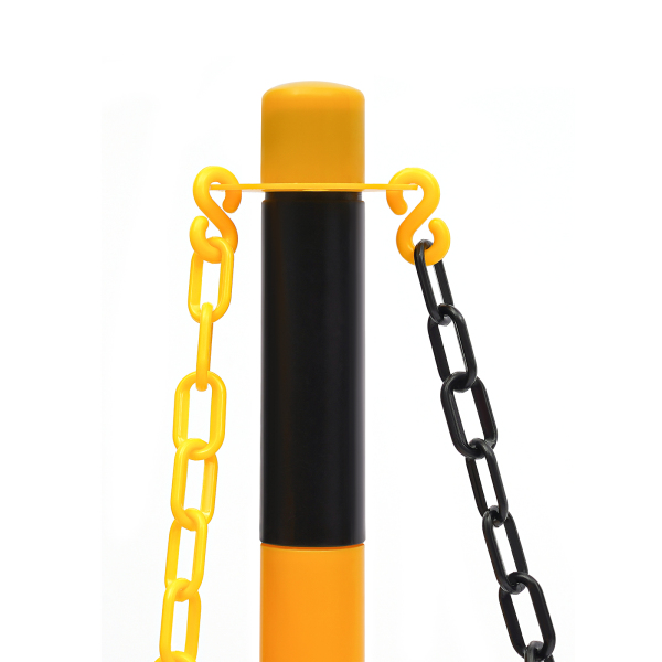 Paquete de 6 conos de tráfico, poste delineador ajustable con base rellenable, barrera de seguridad portátil con cadenas, Amarillo y Negro