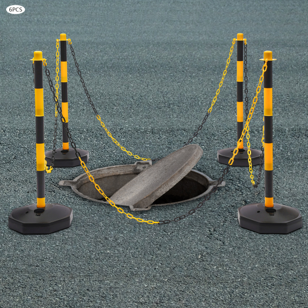 Paquete de 6 conos de tráfico, poste delineador ajustable con base rellenable, barrera de seguridad portátil con cadenas, Amarillo y Negro