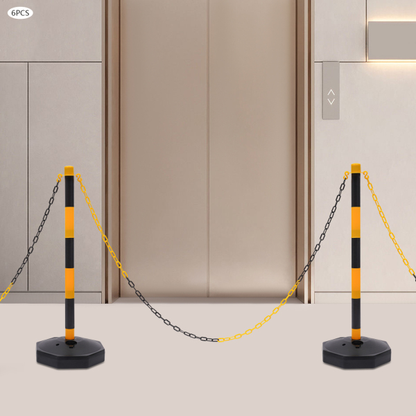 Paquete de 6 conos de tráfico, poste delineador ajustable con base rellenable, barrera de seguridad portátil con cadenas, Amarillo y Negro