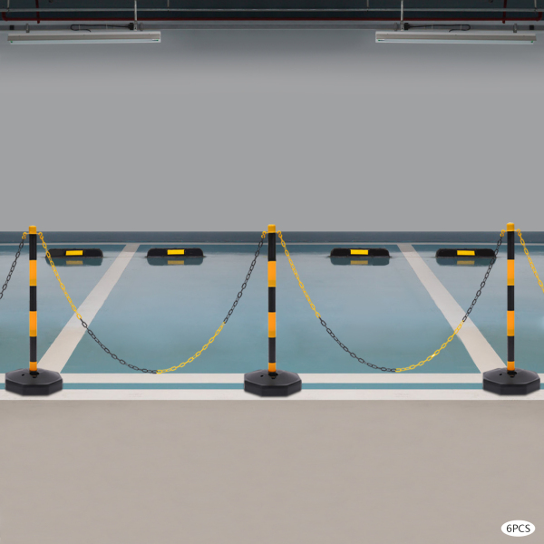 Paquete de 6 conos de tráfico, poste delineador ajustable con base rellenable, barrera de seguridad portátil con cadenas, Amarillo y Negro