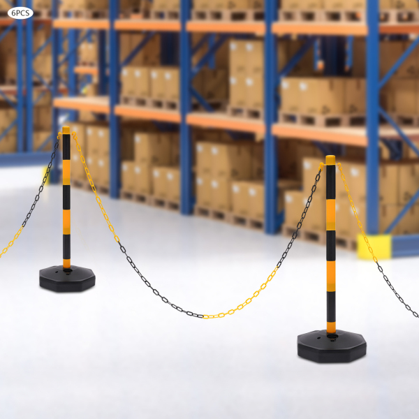 Paquete de 6 conos de tráfico, poste delineador ajustable con base rellenable, barrera de seguridad portátil con cadenas, Amarillo y Negro