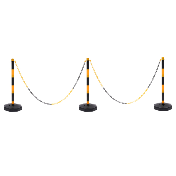 Paquete de 6 conos de tráfico, poste delineador ajustable con base rellenable, barrera de seguridad portátil con cadenas, Amarillo y Negro