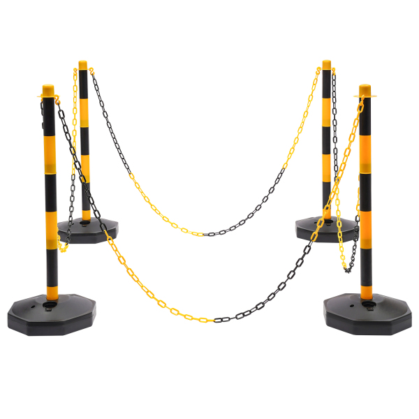 Paquete de 6 conos de tráfico, poste delineador ajustable con base rellenable, barrera de seguridad portátil con cadenas, Amarillo y Negro