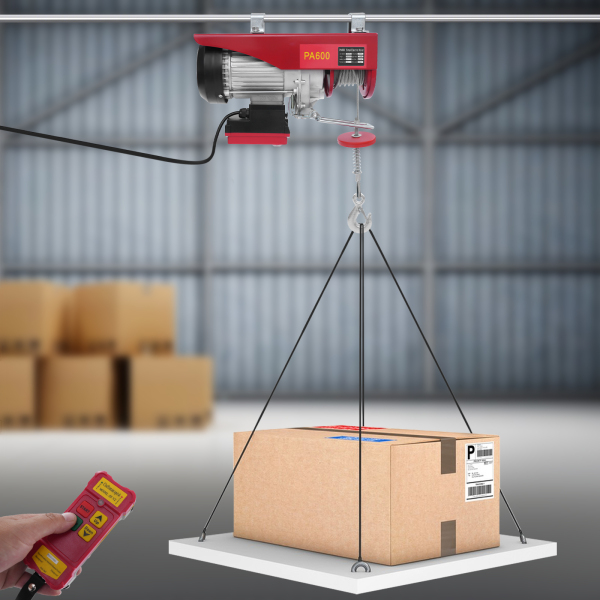 Polipasto eléctrico de cable de acero de 600 kg y 12 m con control remoto inalámbrico, polipasto eléctrico de control inalámbrico, polipasto eléctrico de doble eslinga