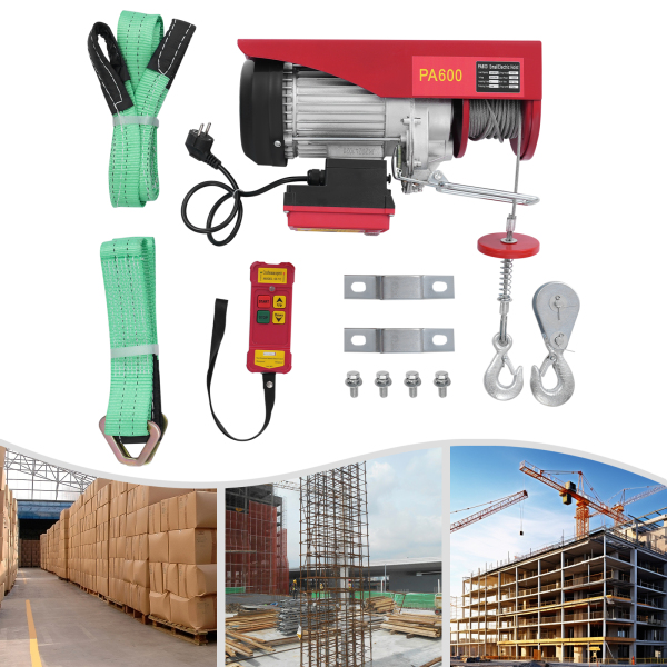 Polipasto eléctrico de cable de acero de 600 kg y 12 m con control remoto inalámbrico, polipasto eléctrico de control inalámbrico, polipasto eléctrico de doble eslinga