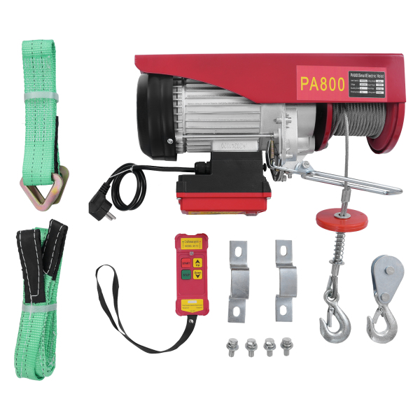 Polipasto eléctrico de cable de acero de 800 kg y 12 m con control remoto inalámbrico, polipasto eléctrico de control inalámbrico, polipasto eléctrico de doble eslinga