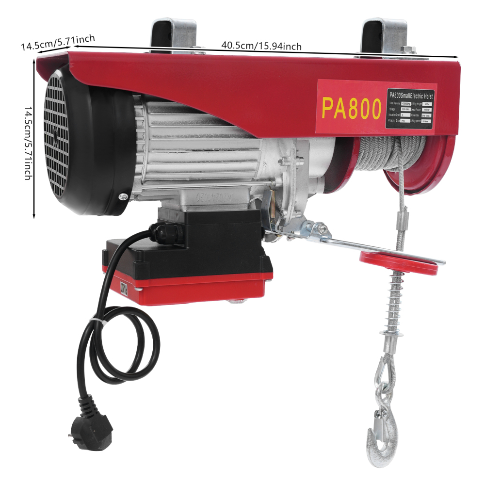 Polipasto eléctrico de cable de acero de 800 kg y 12 m con control remoto inalámbrico, polipasto eléctrico de control inalámbrico, polipasto eléctrico de doble eslinga
