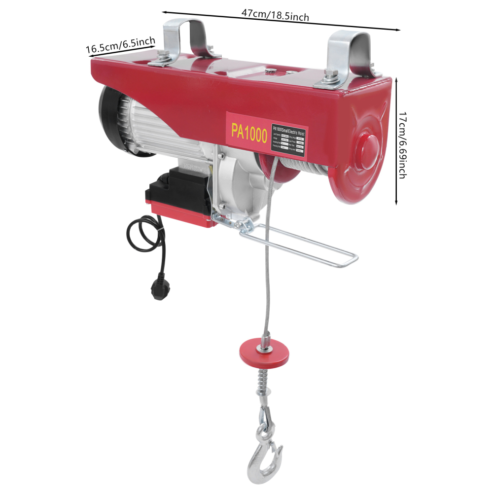 Polipasto eléctrico de cable de acero de 1000 kg y 12 m con control remoto inalámbrico, polipasto eléctrico de control inalámbrico, polipasto eléctrico de doble eslinga