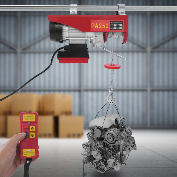 Polipasto eléctrico de cable de acero de 250 kg y 12 m con control remoto inalámbrico, polipasto eléctrico de control inalámbrico, polipasto eléctrico de doble eslinga