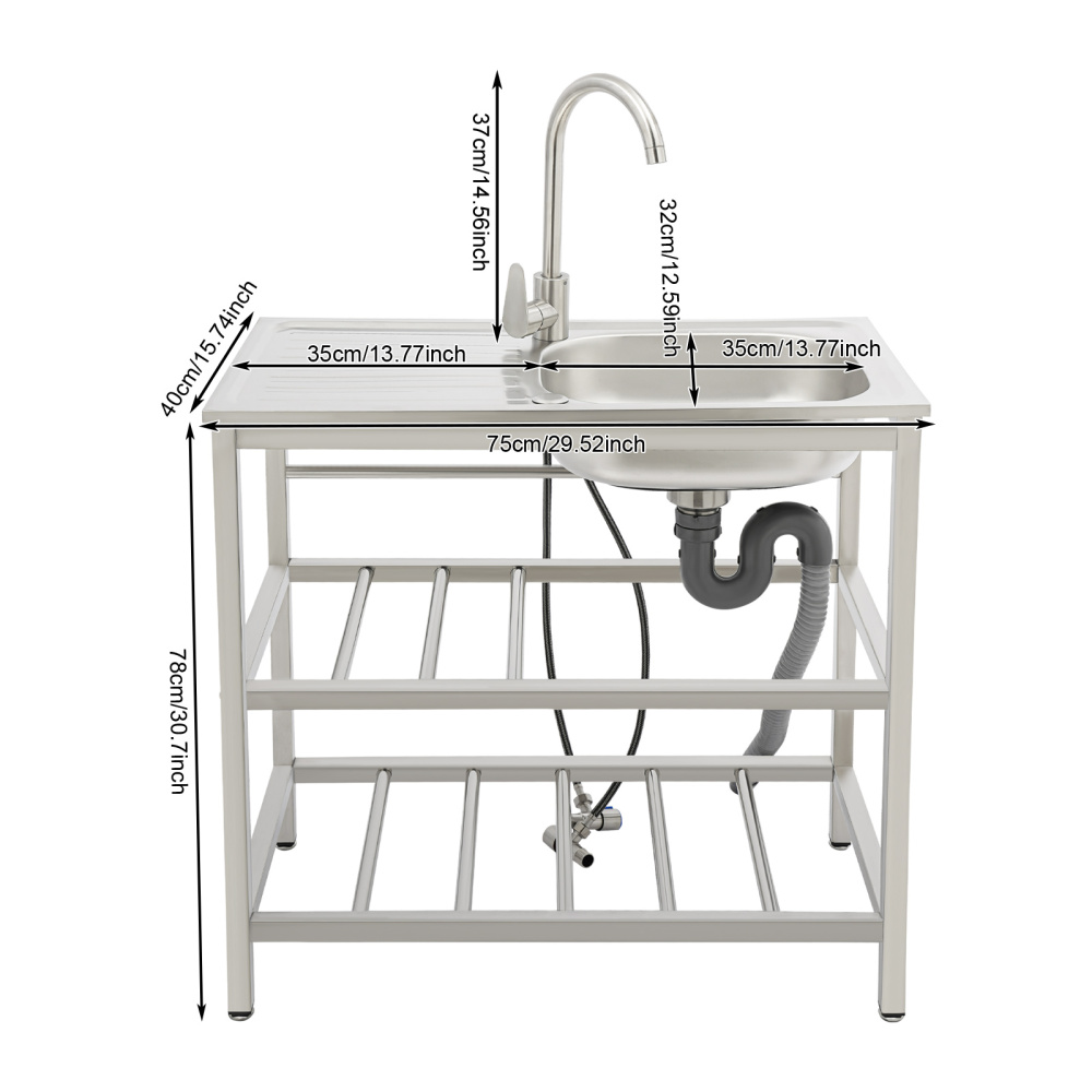 Fregadero de cocina de acero inoxidable de 75 x 40 x 78 cm, fregadero de cocina independiente para exteriores, fregadero de acero inoxidable con grifo