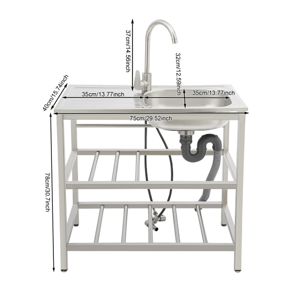 Fregadero de cocina de acero inoxidable de 75 x 40 x 78 cm, fregadero de cocina independiente para exteriores, fregadero de acero inoxidable con grifo