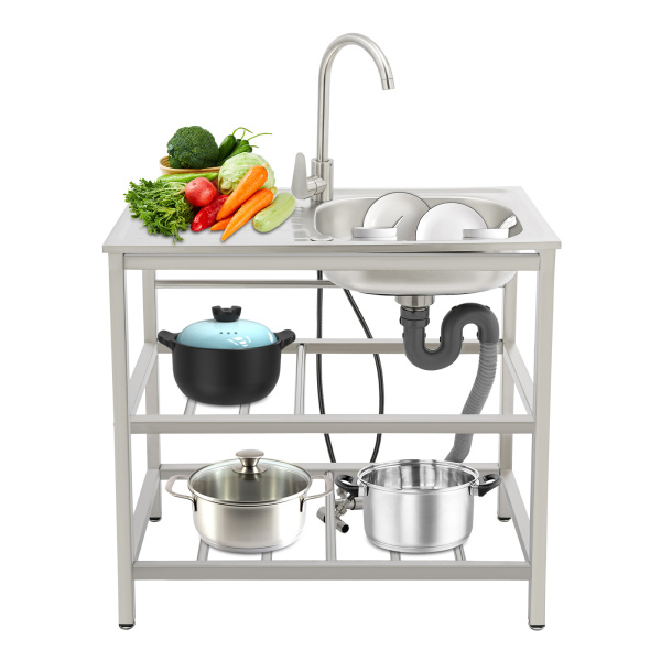Fregadero de cocina de acero inoxidable de 75 x 40 x 78 cm, fregadero de cocina independiente para exteriores, fregadero de acero inoxidable con grifo