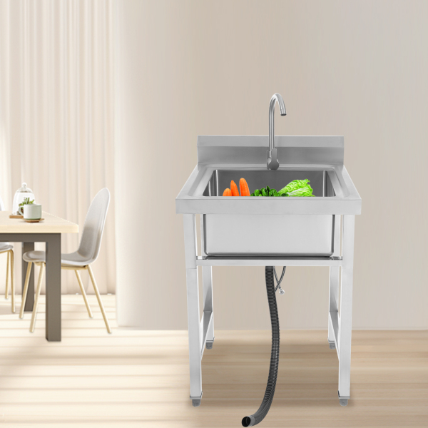 Fregadero independiente de un seno con grifo frío/caliente, Fregadero de cocina comercial con soporte, Plata