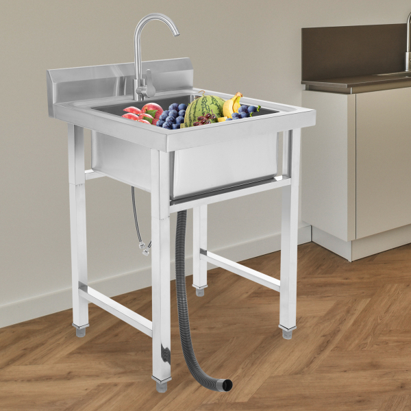 Fregadero independiente de un seno con grifo frío/caliente, Fregadero de cocina comercial con soporte, Plata Fregadero independiente de un seno con grifo frío/caliente, Fregadero de cocina comercial con soporte, Plata