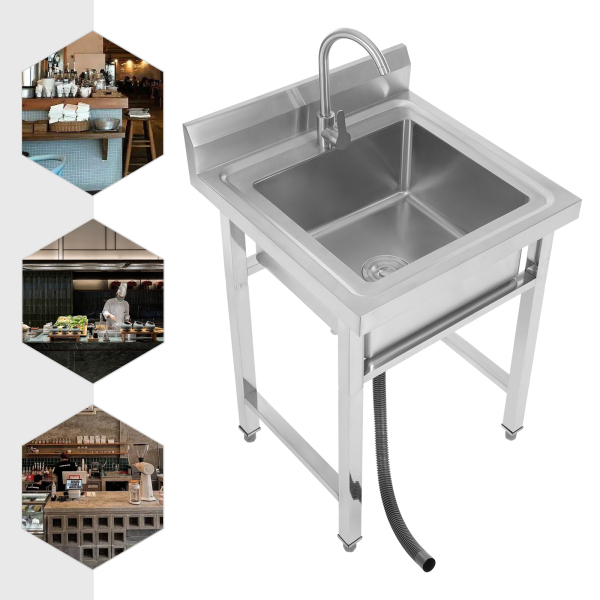 Fregadero independiente de un seno con grifo frío/caliente, Fregadero de cocina comercial con soporte, Plata Fregadero independiente de un seno con grifo frío/caliente, Fregadero de cocina comercial con soporte, Plata