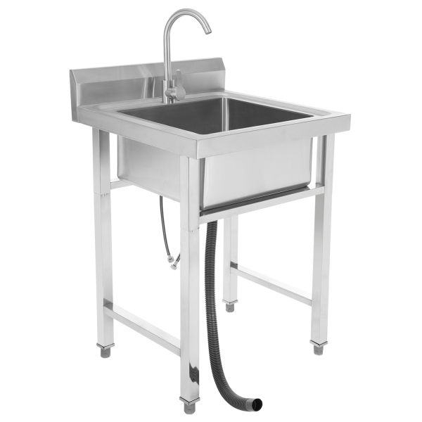 Fregadero independiente de un seno con grifo frío/caliente, Fregadero de cocina comercial con soporte, Plata Fregadero independiente de un seno con grifo frío/caliente, Fregadero de cocina comercial con soporte, Plata