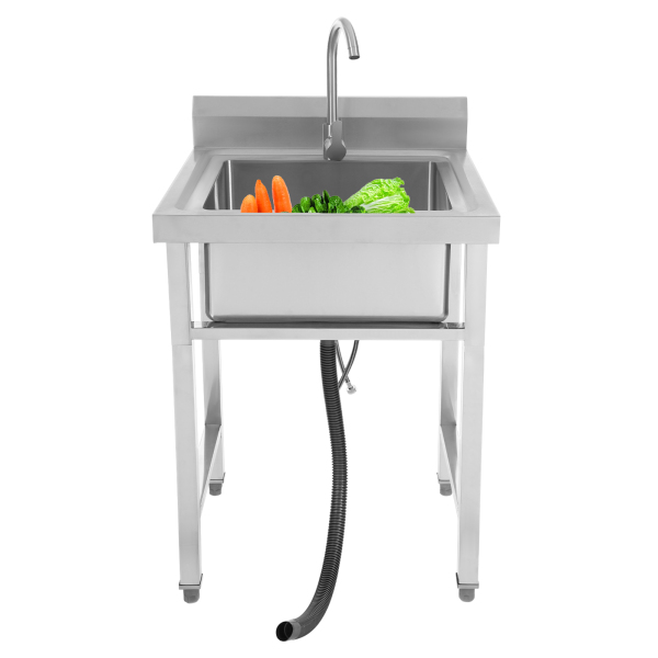 Fregadero independiente de un seno con grifo frío/caliente, Fregadero de cocina comercial con soporte, Plata Fregadero independiente de un seno con grifo frío/caliente, Fregadero de cocina comercial con soporte, Plata