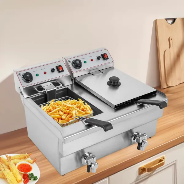 Sartén eléctrica profunda comercial 10L X 2 cestas, con 6000W de alta potencia (3000W en cada lado),  ajuste de temperatura continuo (140-392 ℉)