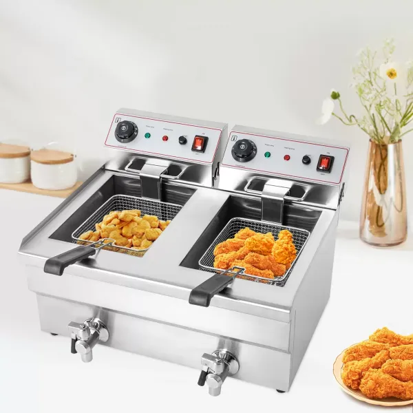 Sartén eléctrica profunda comercial 10L X 2 cestas, con 6000W de alta potencia (3000W en cada lado), ajuste de temperatura continuo (140-392 ℉) Sartén eléctrica profunda comercial 10L X 2 cestas, con 6000W de alta potencia (3000W en cada lado), ajuste de temperatura continuo (140-392 ℉)