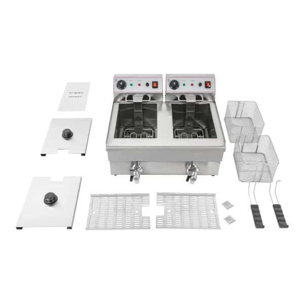 Sartén eléctrica profunda comercial 10L X 2 cestas, con 6000W de alta potencia (3000W en cada lado), ajuste de temperatura continuo (140-392 ℉) Sartén eléctrica profunda comercial 10L X 2 cestas, con 6000W de alta potencia (3000W en cada lado), ajuste de temperatura continuo (140-392 ℉)