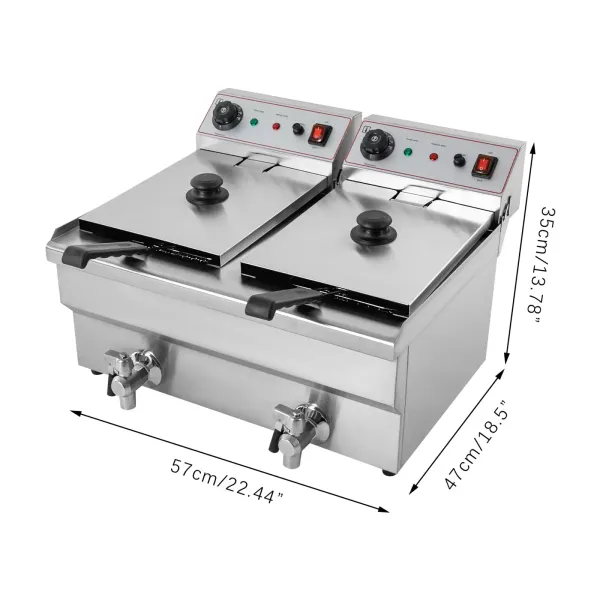 Sartén eléctrica profunda comercial 10L X 2 cestas, con 6000W de alta potencia (3000W en cada lado), ajuste de temperatura continuo (140-392 ℉) Sartén eléctrica profunda comercial 10L X 2 cestas, con 6000W de alta potencia (3000W en cada lado), ajuste de temperatura continuo (140-392 ℉)