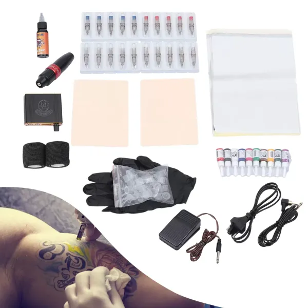 Máquina profesional de tatuaje, bolígrafo de tatuaje, 30 tazas 10 agujas, ajustable 6 V-10 V