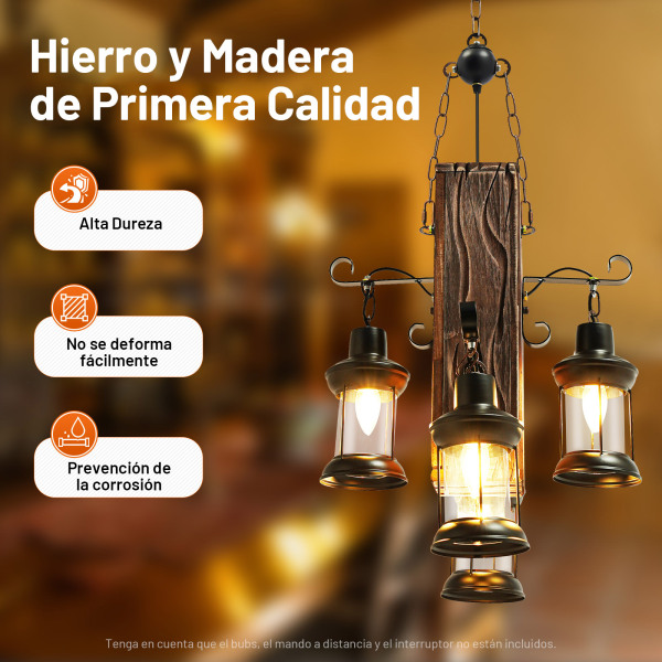 Lámpara colgante retro industrial Creativa personalidad salón de madera y 4 luces suspensión vintage de madera