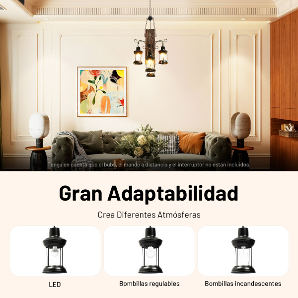 Lámpara colgante retro industrial Creativa personalidad salón de madera y 4 luces suspensión vintage de madera