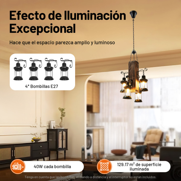 Lámpara colgante retro industrial Creativa personalidad salón de madera y 4 luces suspensión vintage de madera