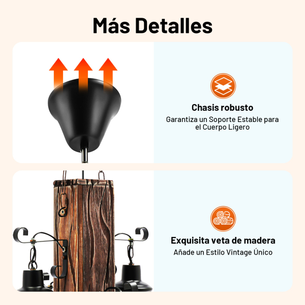 Lámpara colgante retro industrial Creativa personalidad salón de madera y 4 luces suspensión vintage de madera