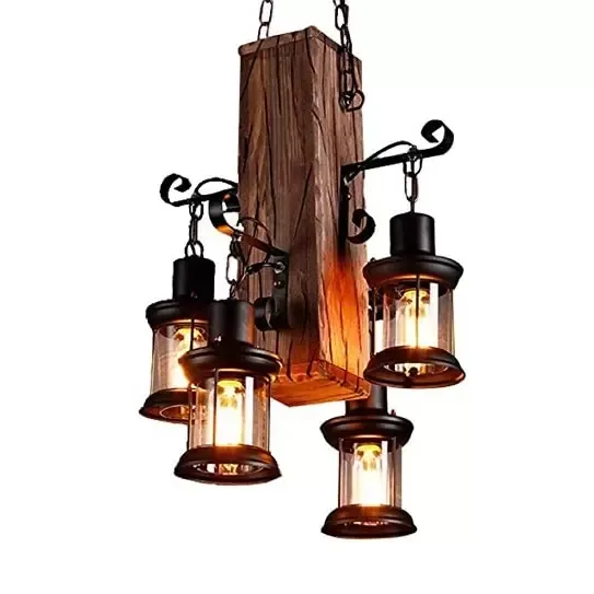 Lámpara colgante retro industrial Creativa personalidad salón de madera y 4 luces suspensión vintage de madera