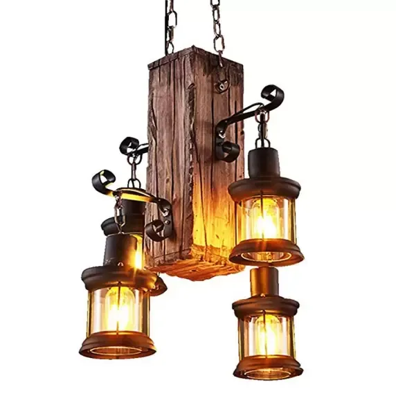 Lámpara colgante retro industrial Creativa personalidad salón de madera y 4 luces suspensión vintage de madera