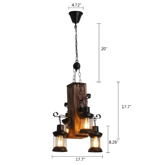 Lámpara colgante retro industrial Creativa personalidad salón de madera y 4 luces suspensión vintage de madera