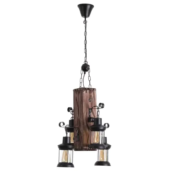 Lámpara colgante retro industrial Creativa personalidad salón de madera y 4 luces suspensión vintage de madera