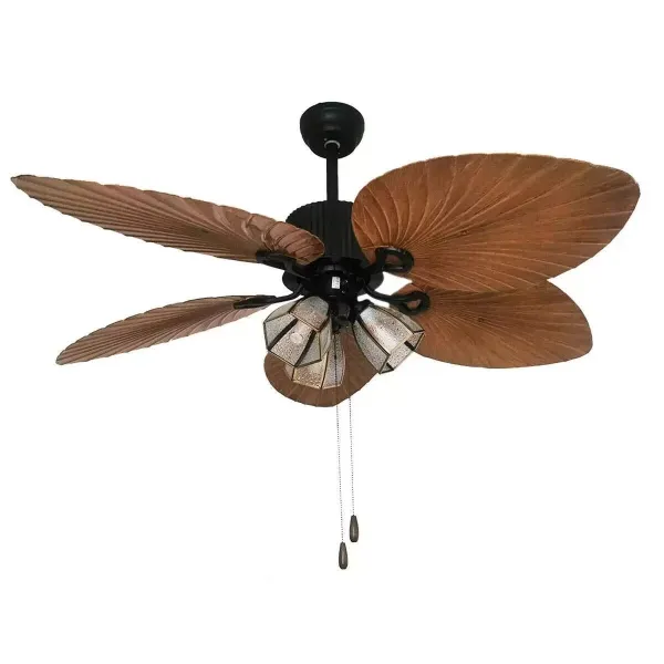Ventilador de techo con iluminación de hojas de palma, 52 pulgadas, con 5 cuchillas retráctiles, interruptor de cordón de 3 marchas