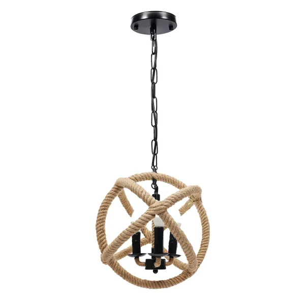 Lámpara colgante vintage de cuerda de cáñamo, 3 llamas, E12, industrial