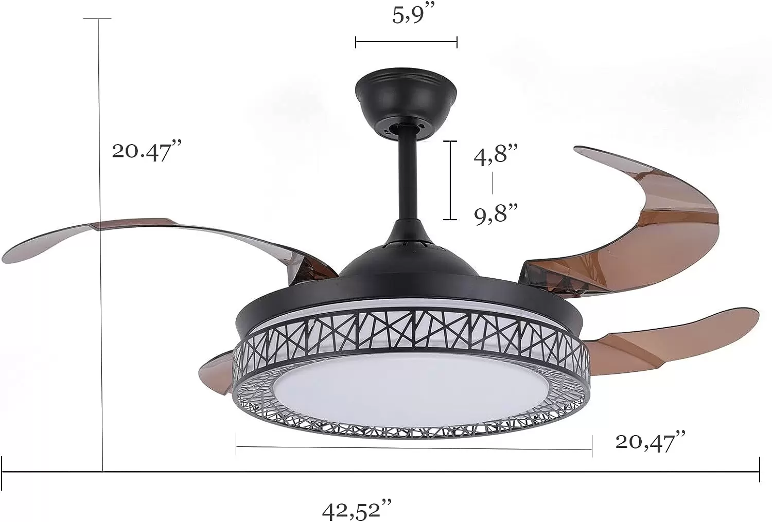 Ventilador de techo LED de 42 pulgadas, lámpara con luz LED regulable y mando a distancia, 4 hojas, decoración interior, para el salón,dormitorio