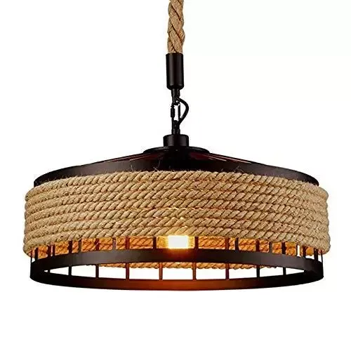 CNCEST E27 Lámpara de techo vintage industrial, cuerda de cáñamo, lámpara de araña, redonda, altura regulable