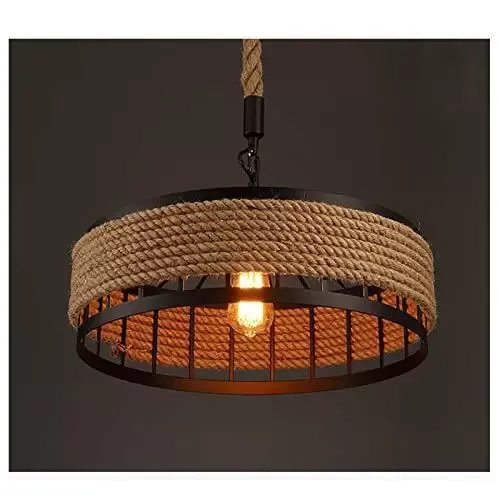 CNCEST E27 Lámpara de techo vintage industrial, cuerda de cáñamo, lámpara de araña, redonda, altura regulable